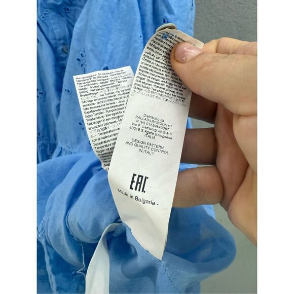 120% Lino Womens Blue Linen Flutter Eyelet Tiered Button Down Midi Dress Size 44 - Picture 6 of 11